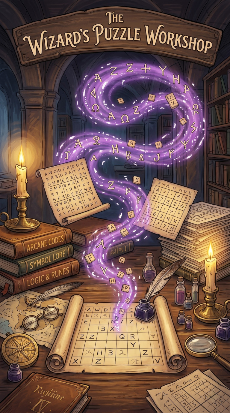 A wizard at his cluttered, candlelit study desk